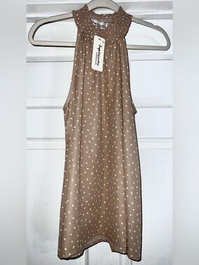 Impressions Tan Halter Tank with White Dot Print